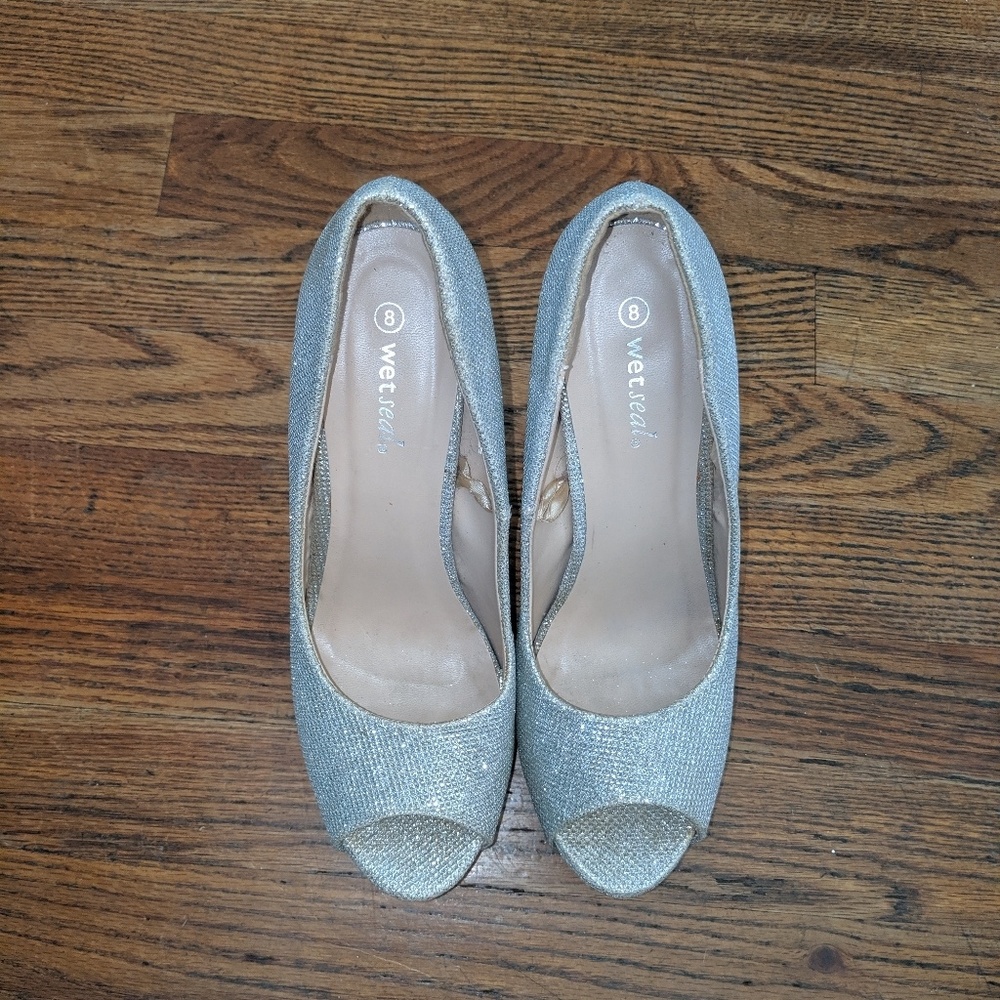 Silver, Shimmering open toe Stiletto